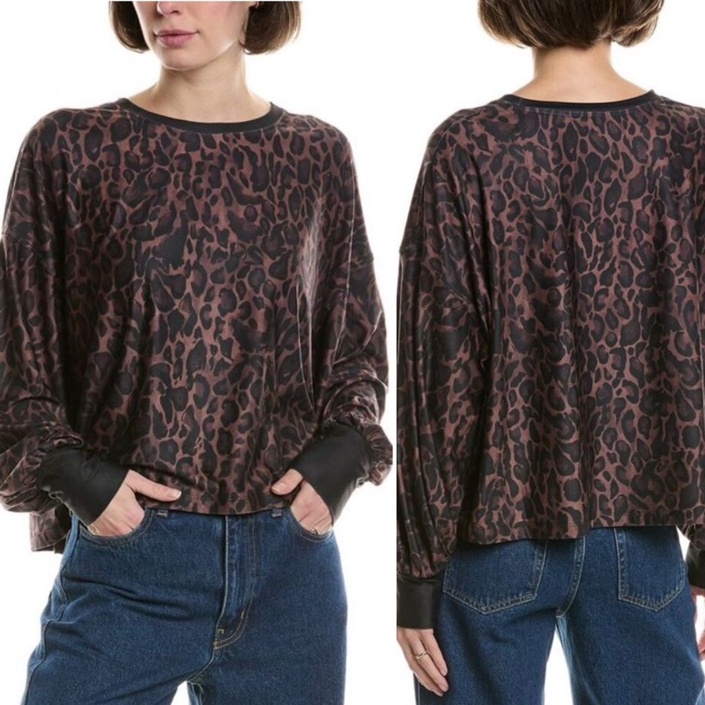NWT Johnny Was Bee Active Drop Shoulder CrewNeck L/S Tee in Leopard, size M